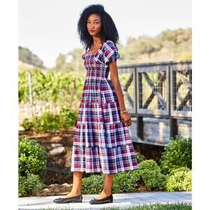 Maxwell and Geraldine The Kate Tiered Midi Dress L Red Plaid Puff Sleeve Smocked